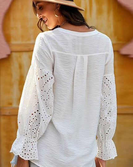 Crochet Flounce Sleeve Button Up Blouse