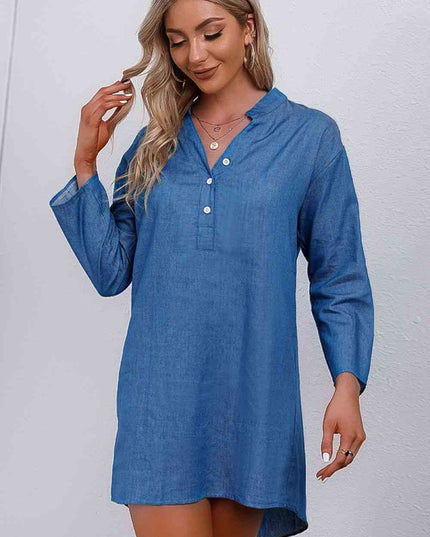Half-Button Notched Neck High-Low Denim Dress