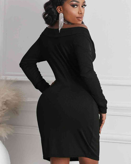 Long Sleeve Plunge Ribbed Bodycon Dress