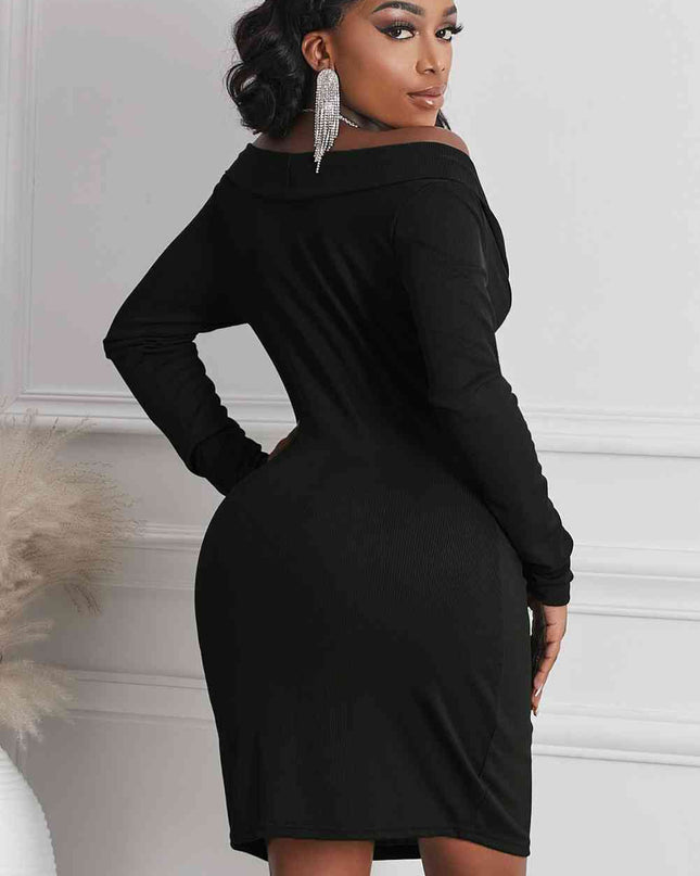 Long Sleeve Plunge Ribbed Bodycon Dress