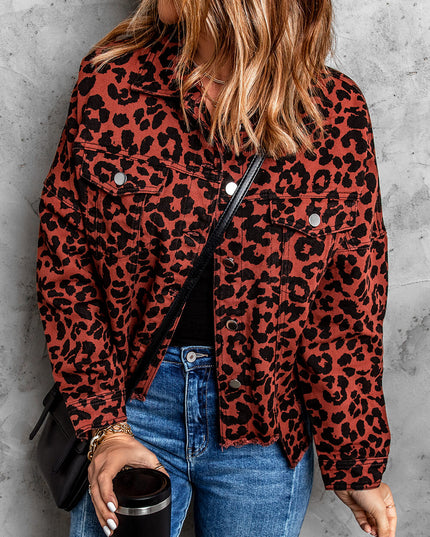 Double Take Leopard Print Raw Hem Jacket