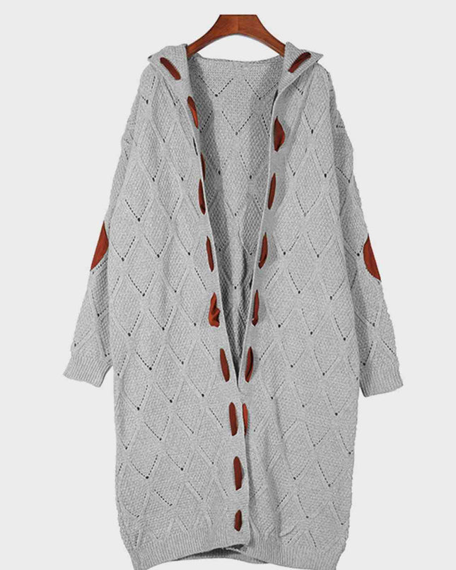 Openwork Long Sleeve Open Front Hooded Cardigan