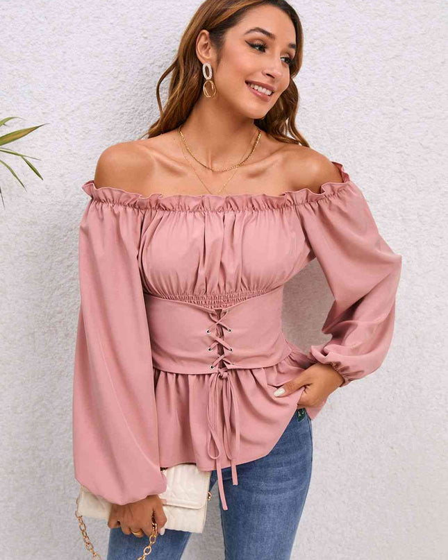 Lace-Up Balloon Sleeve Off-Shoulder Blouse