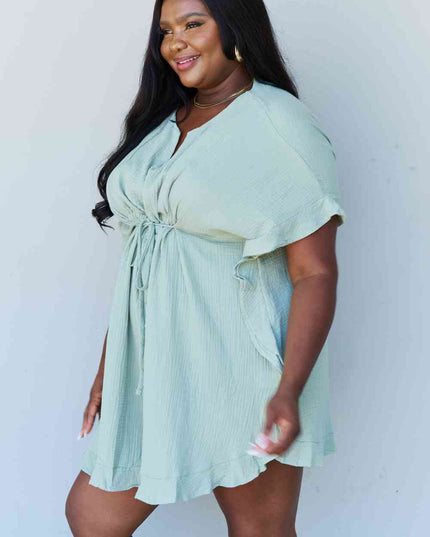 Ninexis Out Of Time Full Size Ruffle Hem Dress with Drawstring Waistband in Light Sage