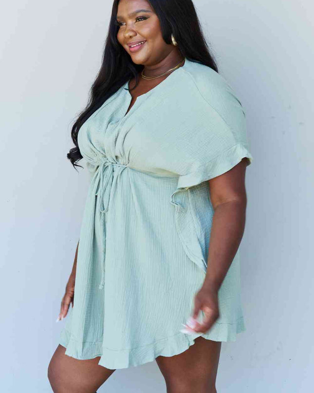 Ninexis Out Of Time Full Size Ruffle Hem Dress with Drawstring Waistband in Light Sage