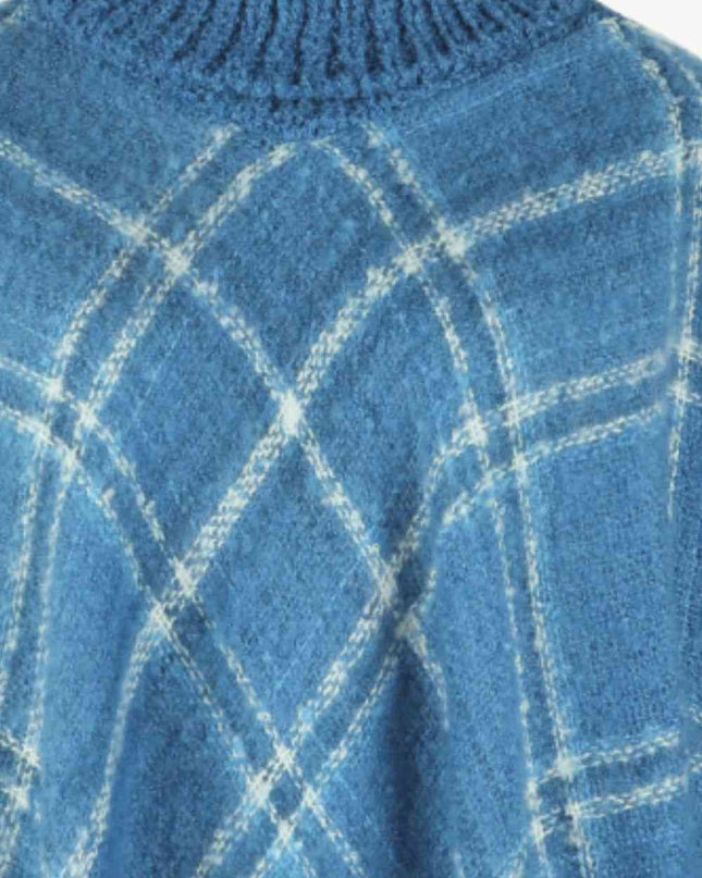 Plaid Turtleneck Fringe Hem Poncho