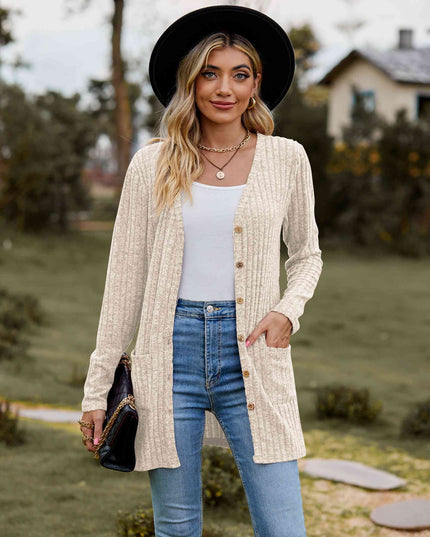 Ribbed Button-Up Cardigan with Pockets