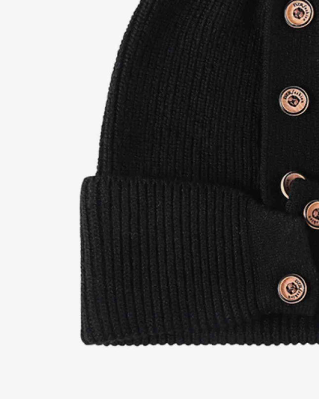 Button Detail Rib-Knit Cuff Beanie