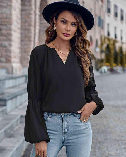 Notched Neck Long Sleeve Top