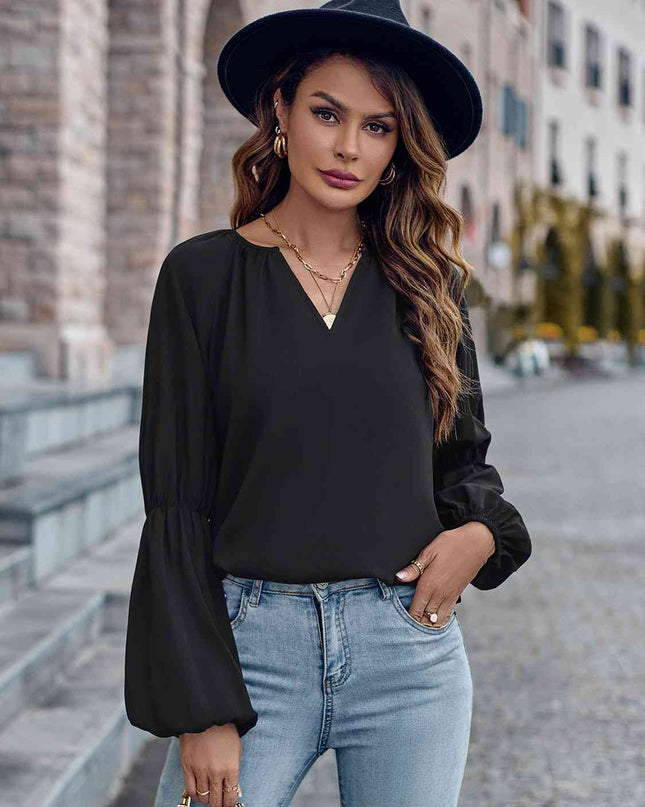 Notched Neck Long Sleeve Top
