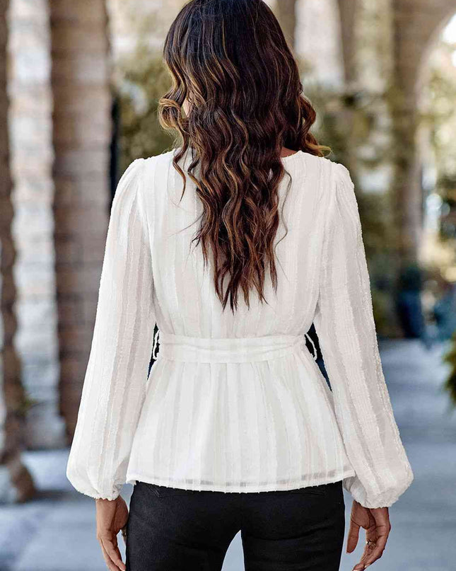 V-Neck Tie Waist Long Sleeve Blouse