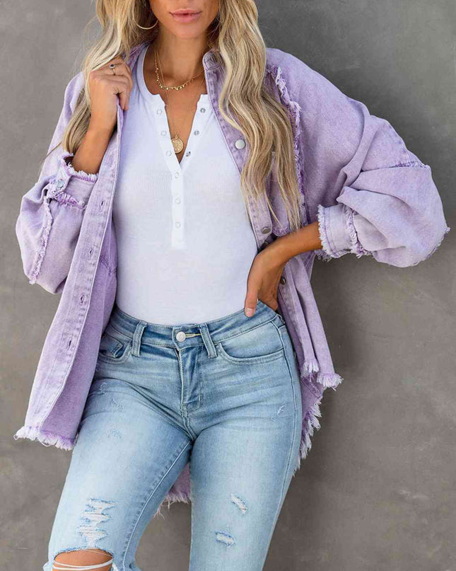 Button Down Raw Hem Denim Jacket
