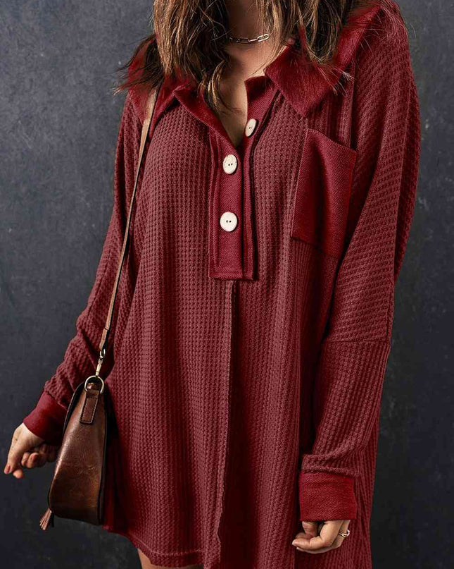 Waffle Knit Buttoned Long Sleeve Top with Breast Pocket