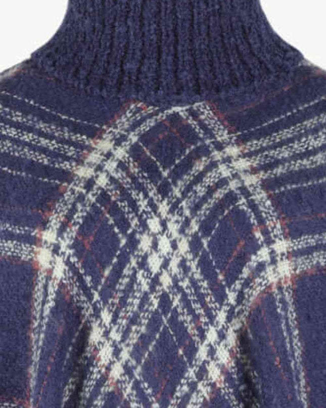 Plaid Turtleneck Fringe Hem Poncho