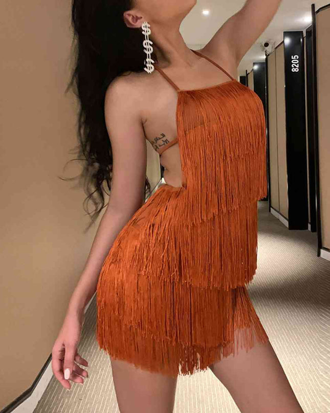Fringed Halter Neck Tied Back Mini Dress