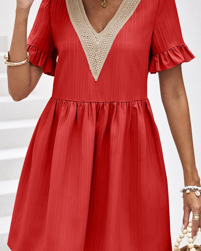 V-Neck Flounce Sleeve A-Line Dress