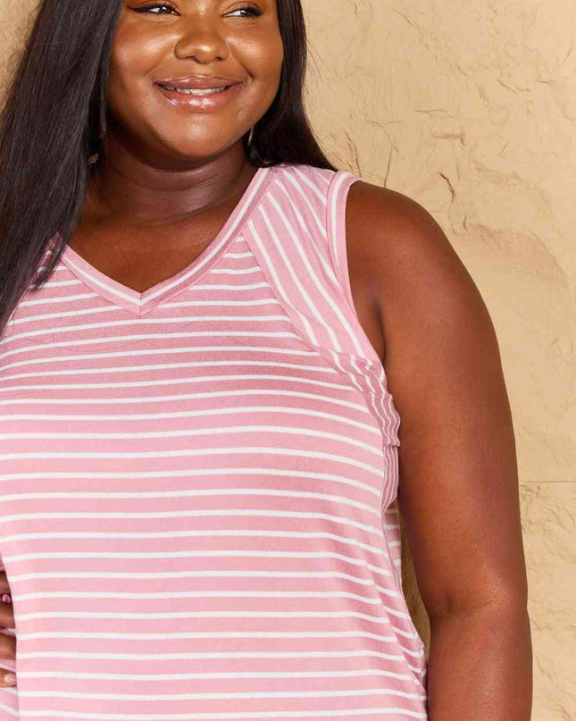 Doublju Talk To Me Full Size Striped Sleeveless V-Neck Top