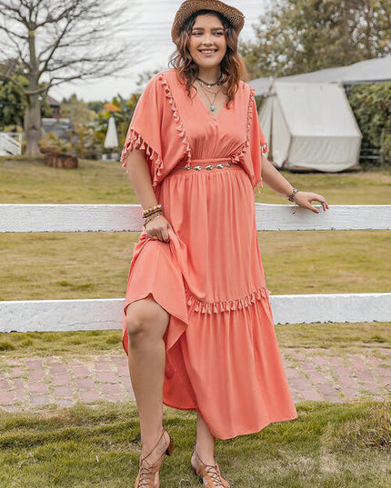 Plus Size Tassel Trim V-Neck Short Sleeve Ruffle Hem Dress