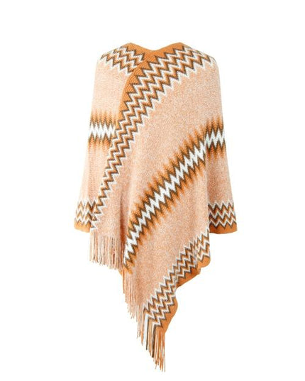 Fringe Hem Striped Cape Sleeve Poncho
