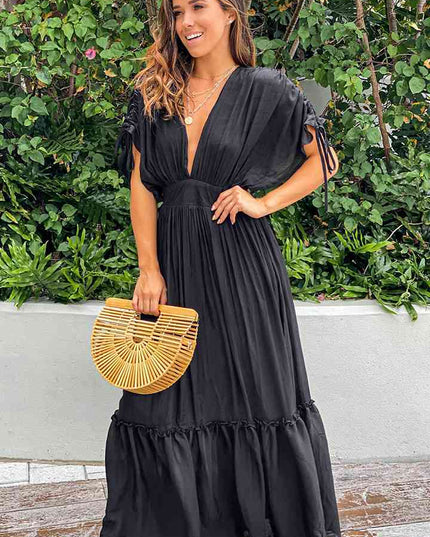 Plunge Neck Tie Sleeve Maxi Dress
