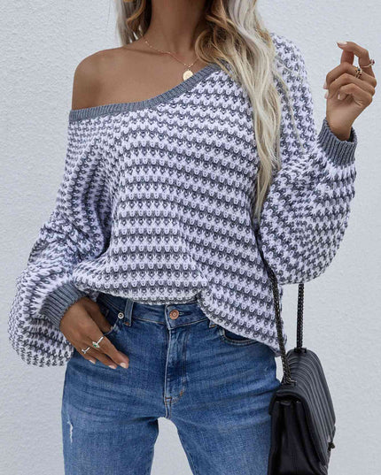 Striped Drop Shoulder V-Neck Pullover Sweater