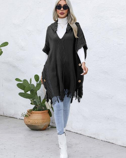 Fringe Trim Buttoned Hooded Poncho