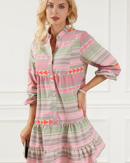 Tiered Notched Balloon Sleeve Buttoned Dress