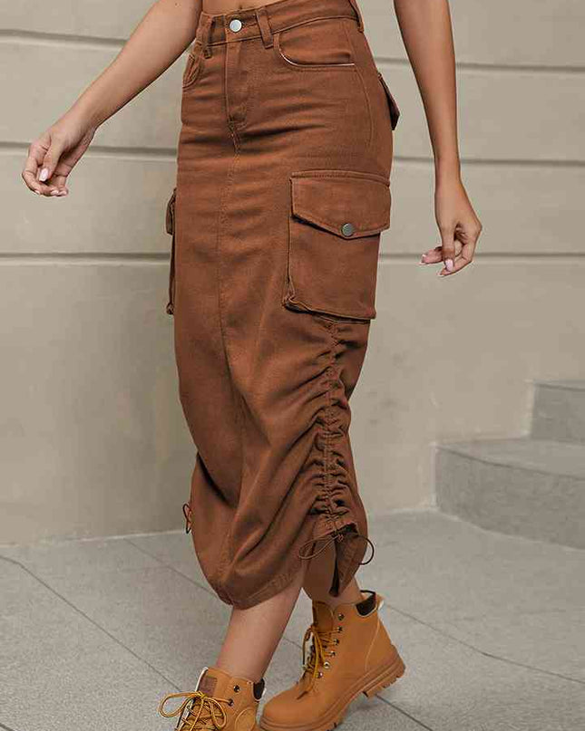 Drawstring Denim Skirt with Pockets