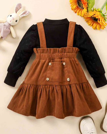 Puff Sleeve Round Neck Top and Buttoned Overall Dress Set