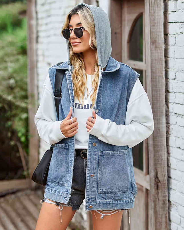 Button Up Sleeveless Denim Jacket with Pockets