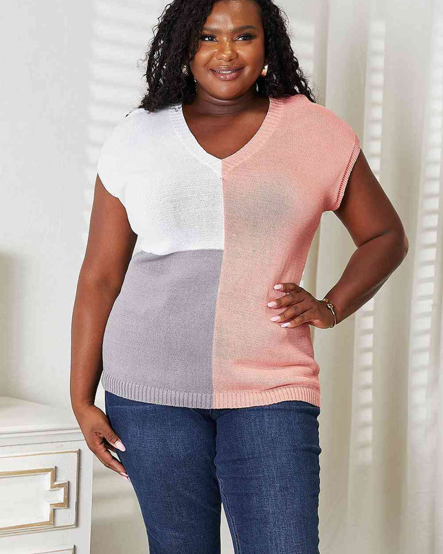 Double Take Color Block V-Neck Knit Top