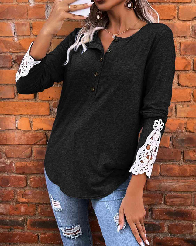 Half Button Lace Detail T-Shirt