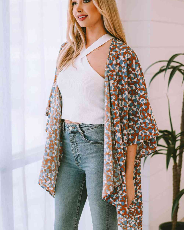 Printed Open Front Three-Quarter Sleeve Cover Up