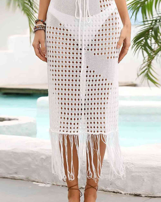 Fringe Hem Drawstring Waist Openwork Skirt