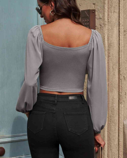 Drawstring Detail Balloon Sleeve Cropped Blouse