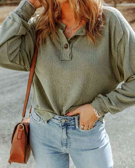 Buttoned Round Neck Long Sleeve Top