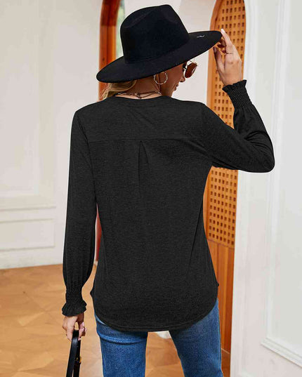 Notched Neck Long Sleeve Blouse