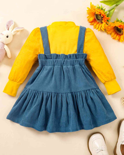 Puff Sleeve Round Neck Top and Buttoned Overall Dress Set