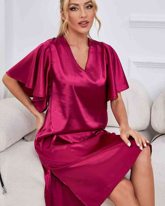 Satin Flutter Sleeve Side Slit V-Neck Night Dress