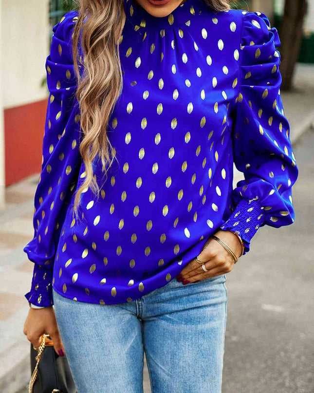 Printed Mock Neck Lantern Sleeve Blouse