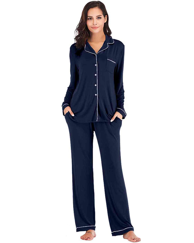 Collared Neck Long Sleeve Loungewear Set with Pockets