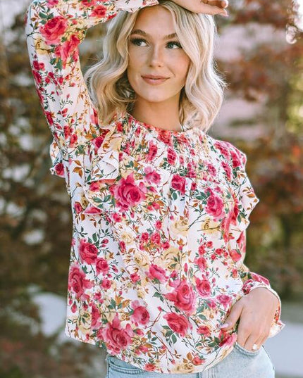 Floral Round Neck Smocked Blouse