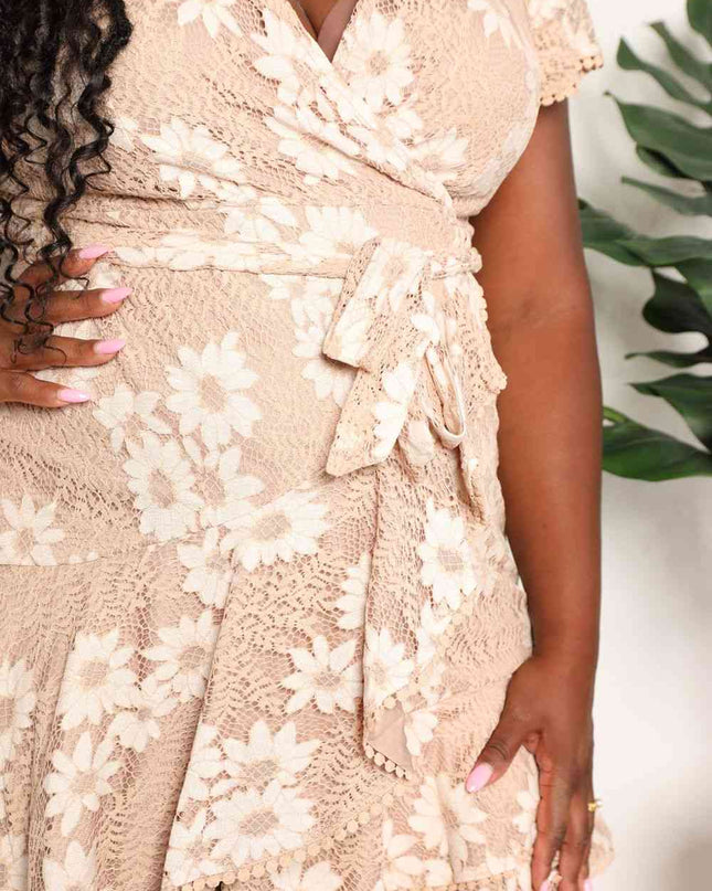 Double Take Floral Lace Pompom Detail Tie-Waist Flutter Sleeve Dress