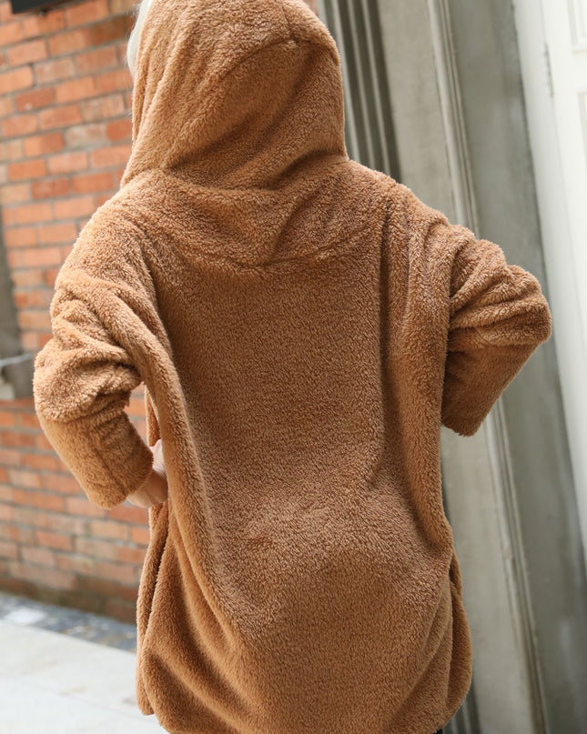 Open Front Hooded Teddy Coat