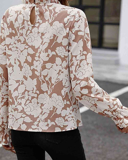 Floral Print Mock Neck Flounce Sleeve Blouse