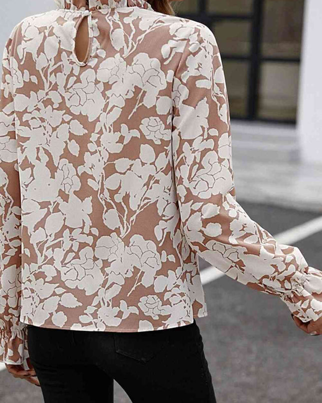 Floral Print Mock Neck Flounce Sleeve Blouse