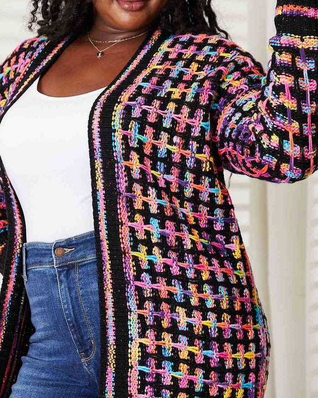 Double Take Full Size Multicolored Open Front Fringe Hem Cardigan