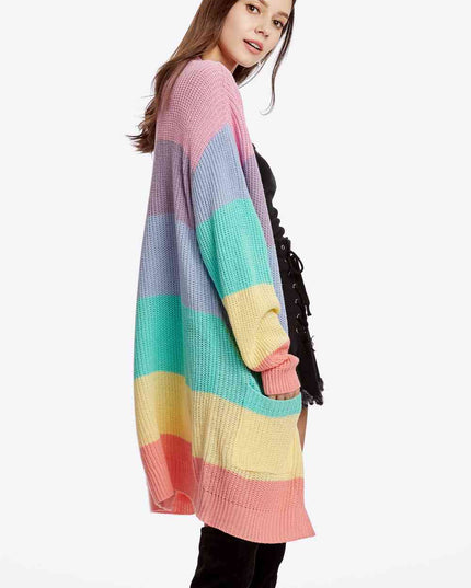 Color Block Open Front Drop Shoulder Cardigan with Pockets
