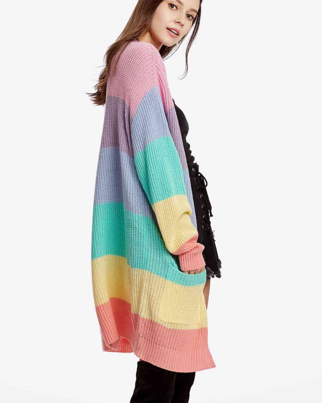 Color Block Open Front Drop Shoulder Cardigan with Pockets