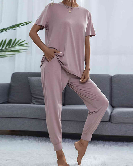 Round Neck Short Sleeve Top and Pants Set